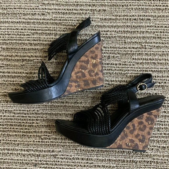 BCBGeneration Platform Leopard Print Wedge Sandals - Picture 1 of 4